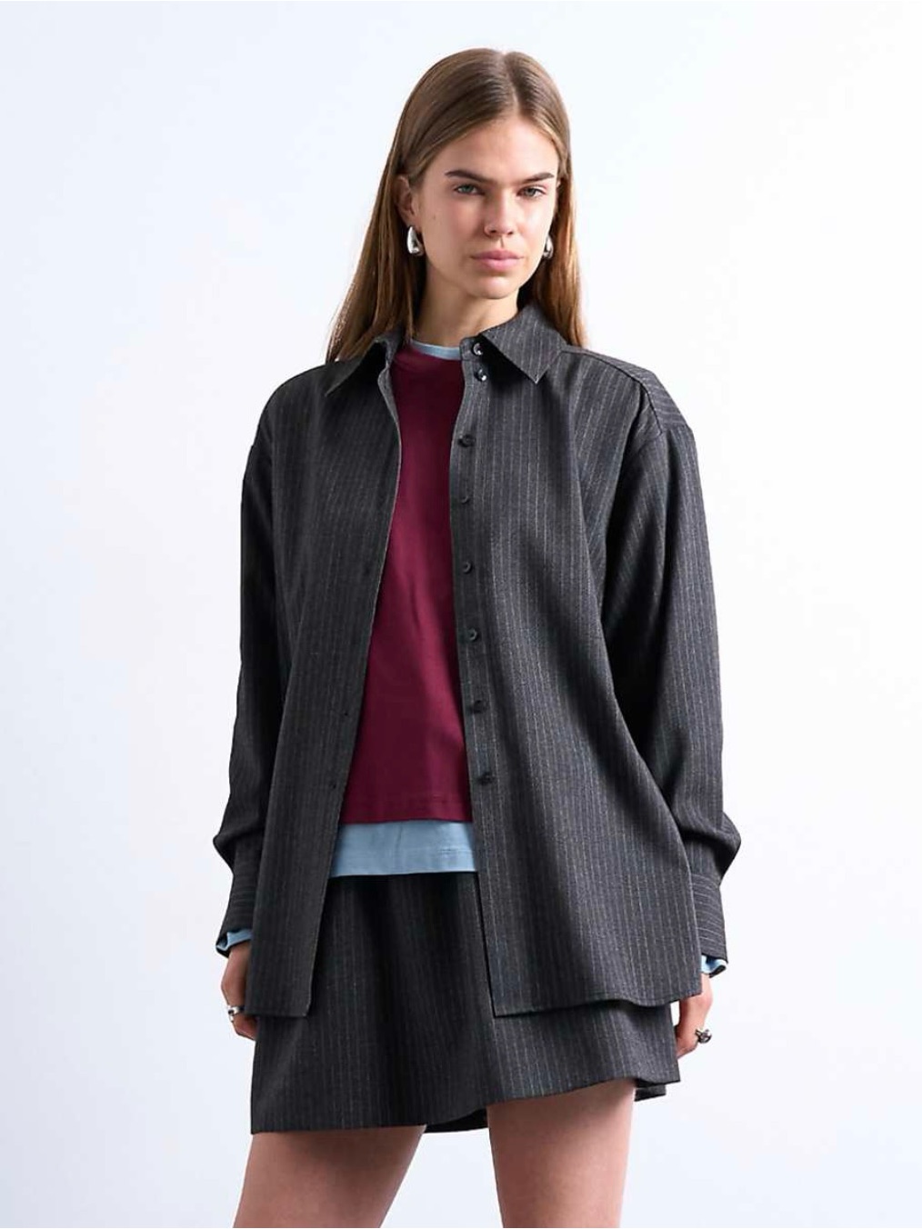 Topshop Pinstripe Button Down Shirt In Charcoal Gray